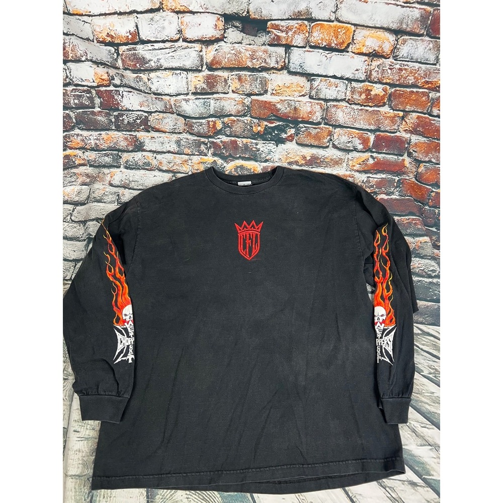 Vtg West‎ Coast Choppers Mens Black Long Sleeve Skull Flame T Shirt Size XL